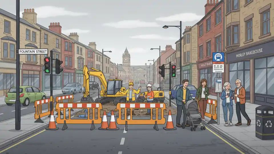 Fountain Street in Morley showing roadworks barriers and construction equipment with bus route signage visible