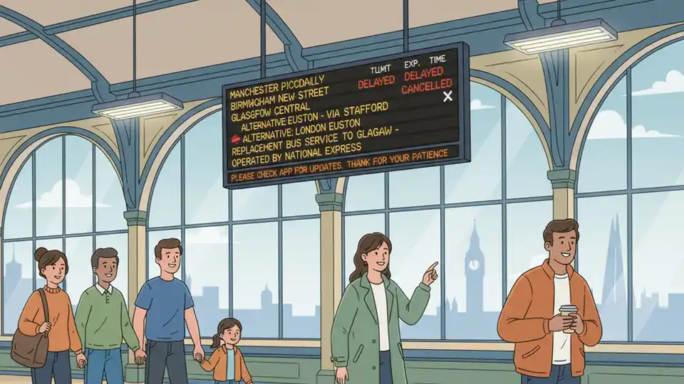 Railway departure board showing Avanti West Coast train delays and cancellations with alternative service information