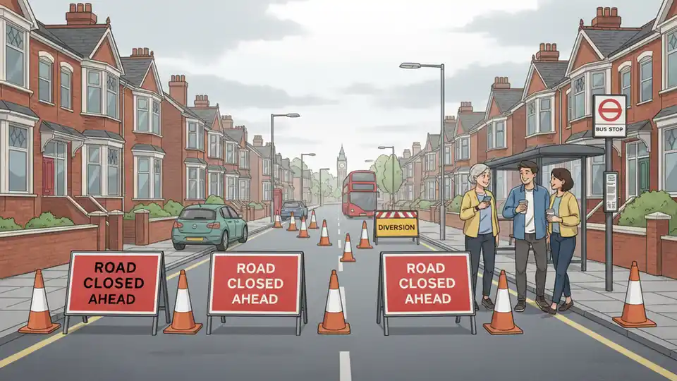 Road closure signs and traffic cones blocking a typical UK residential street with a bus stop visible in the background, showing the type of infrastructure work that affects bus routes