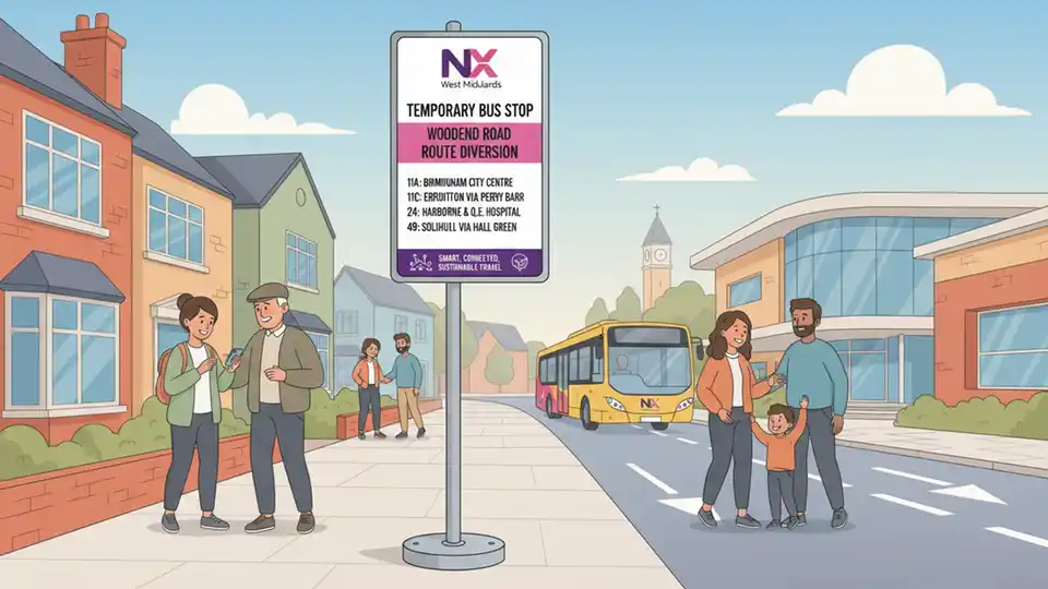 Temporary bus stop sign on Woodend Road with NX West Midlands route information display