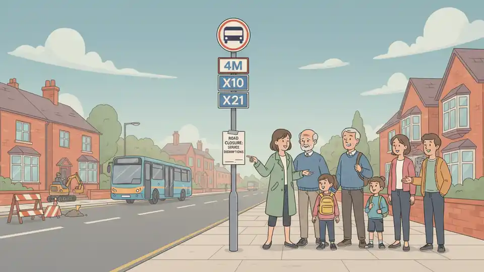 Bus stop sign showing routes 4M, X10, and X21 in Quarry Bank with road closure notice posted