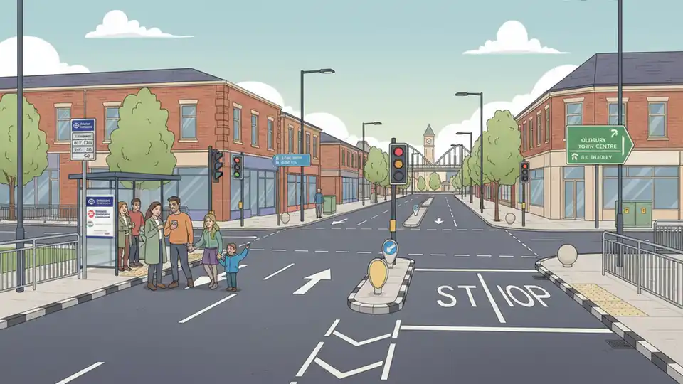 Street view of Oldbury Ringway and Dudley Road intersection showing bus route signage and road infrastructure