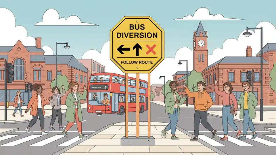 Bus route diversion sign at Walsall intersection with directional arrows