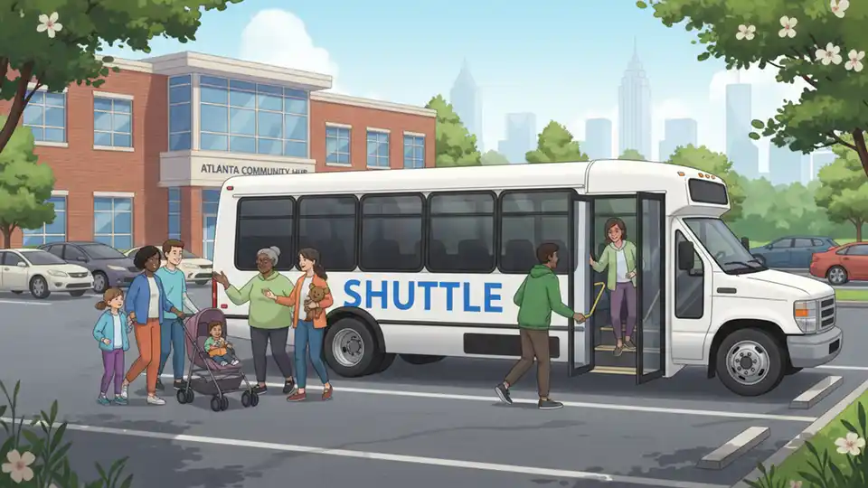Shuttle bus at Atlanta community center with parking lot and residents boarding for local event