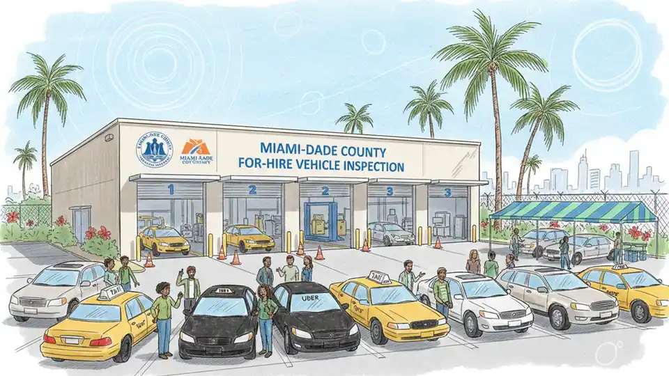 Miami-Dade County for-hire vehicle inspection station with vehicles awaiting regulatory compliance checks