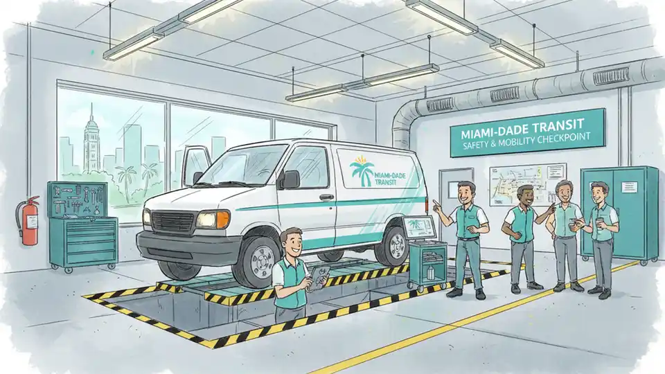 Miami-Dade transit inspection station with van undergoing safety check