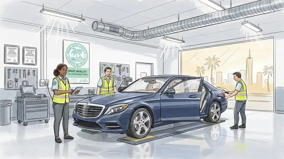 Miami-Dade County for-hire vehicle inspection station, luxury sedan undergoing safety inspection, interior shot showing inspection bay with county official examining vehicle, professional licensing environment