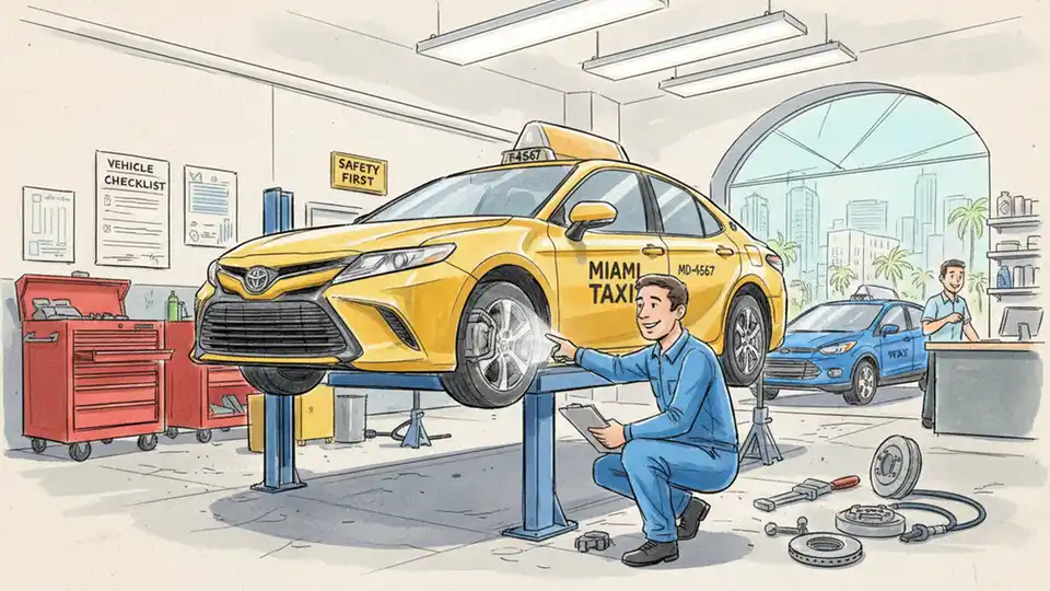 Taxi vehicle inspection station with cab undergoing safety check, mechanic examining brakes and tires