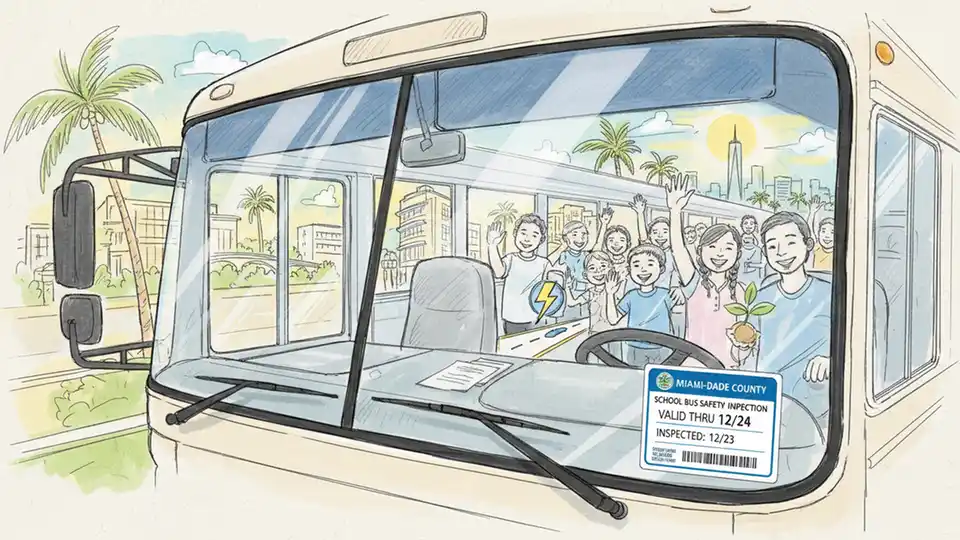 Close-up of private school bus windshield displaying valid Miami-Dade County safety inspection certificate