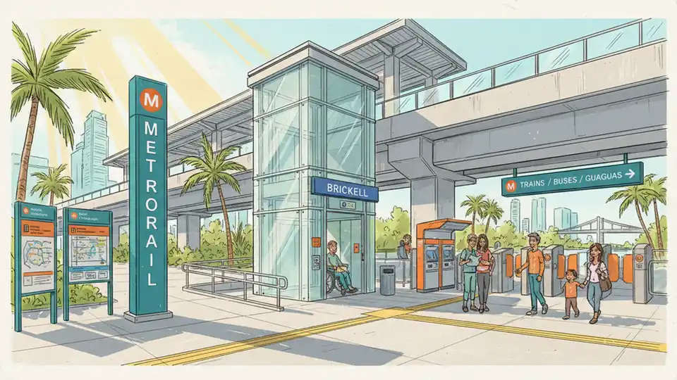 Miami-Dade Metrorail station entrance with accessible elevator and signage