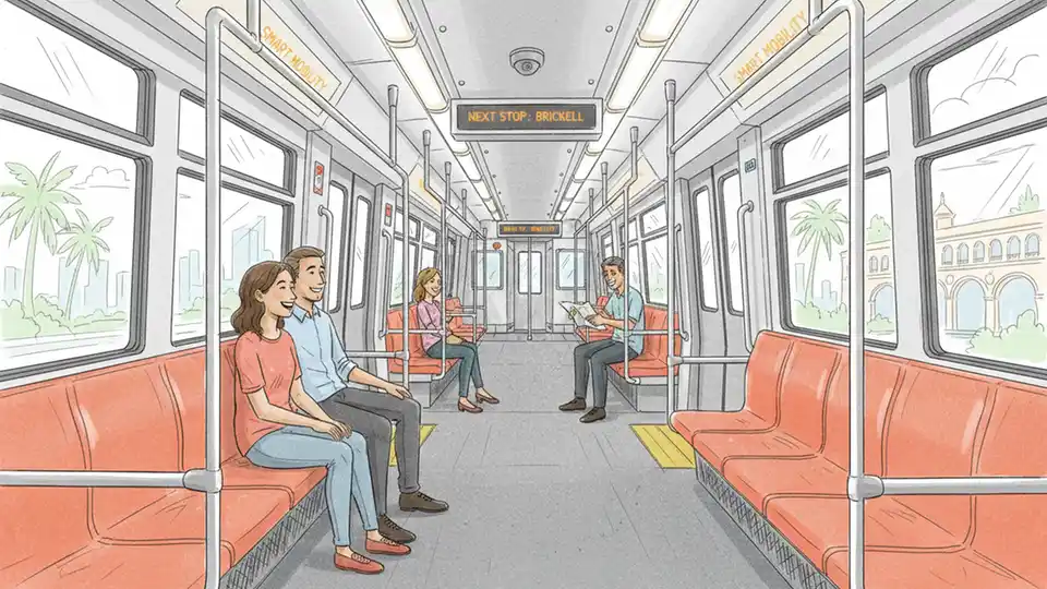 Interior view of Miami-Dade Metrorail train car showing passenger seating area, handrails, and digital information displays with security camera visible