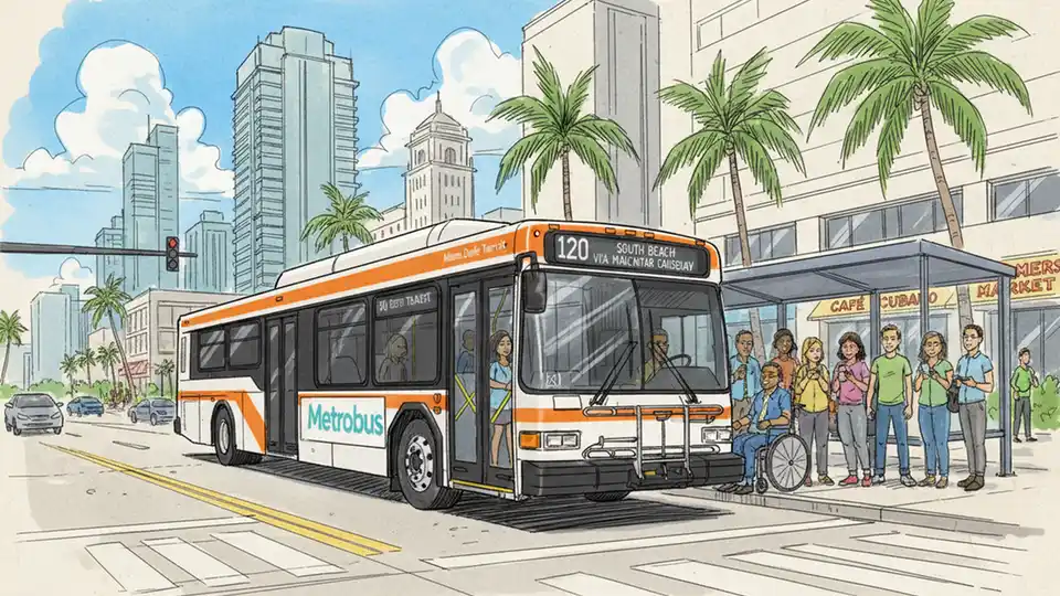 Miami-Dade County transit bus at downtown stop with passengers boarding