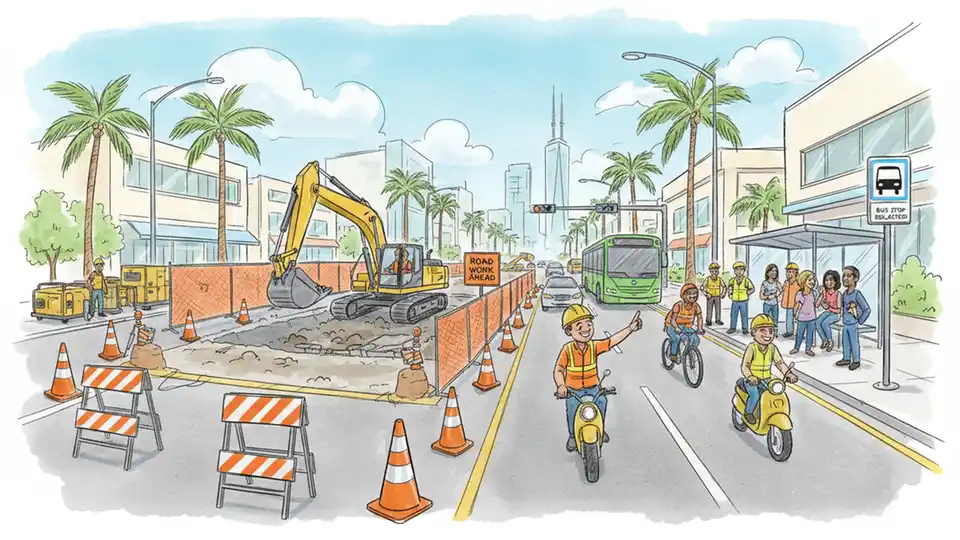 Construction zone on urban roadway with traffic cones and equipment near bus route