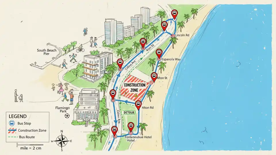 Bus route map showing stop locations along coastal road with construction zone marked