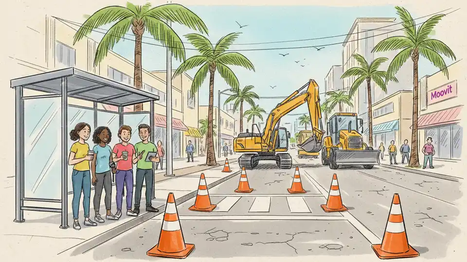 Construction equipment and orange traffic cones on urban road with bus stop in foreground