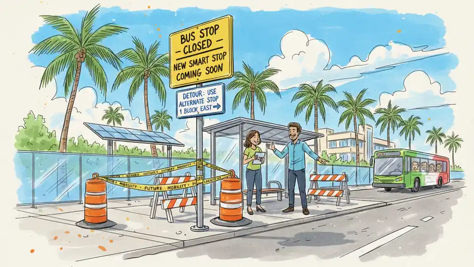 Closed bus stop sign with construction equipment and barriers at urban transit location