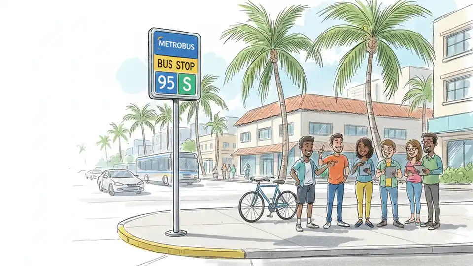 Transit stop sign with route number displayed at urban street location