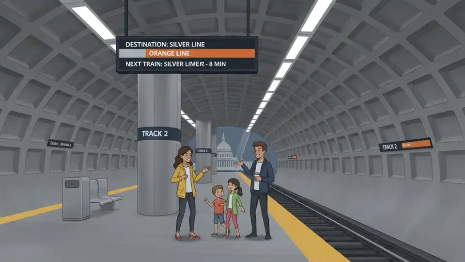 Metro subway station platform with Track 2 boarding area and directional signage for passengers