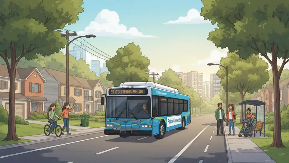 Fairfax Connector bus traveling on suburban road with residential areas visible in background