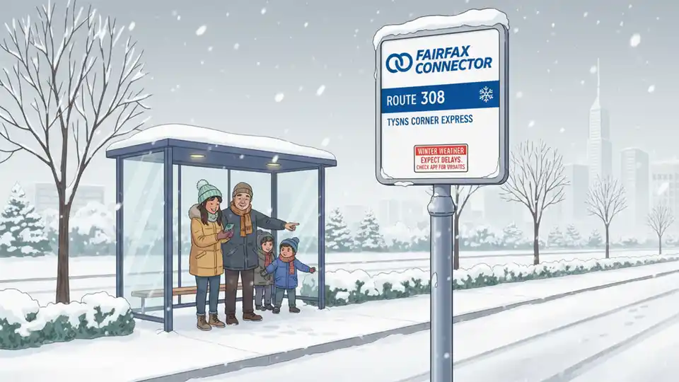 Fairfax Connector bus stop sign with snow accumulation and winter weather advisory information