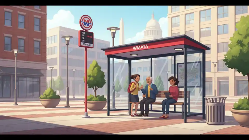 WMATA bus stop sign and shelter at urban plaza location, showing route information display and passenger waiting area, clear view of stop ID number and route markers
