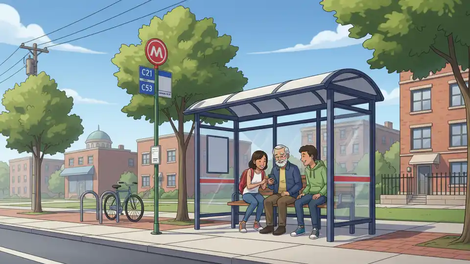 WMATA bus stop sign and shelter on Alabama Ave SE with route C21 and C53 information displayed, urban Washington DC street setting