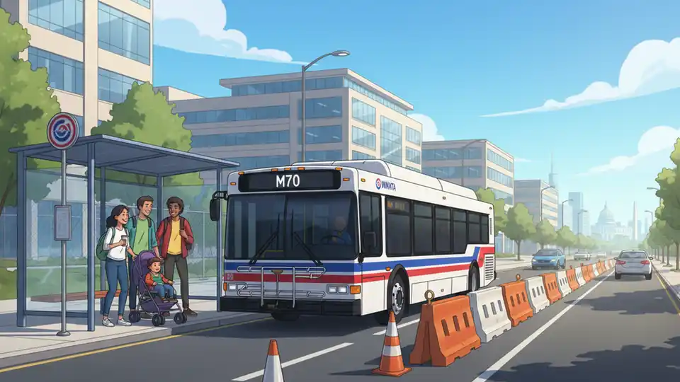 WMATA M70 bus at stop on Democracy Boulevard with construction barriers visible in background