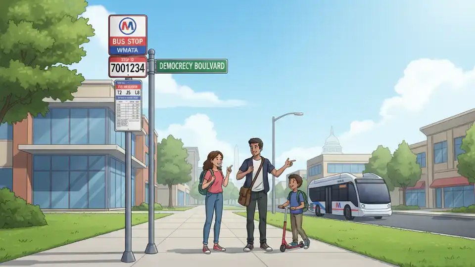 WMATA bus stop sign showing stop ID number with Democracy Boulevard street sign visible