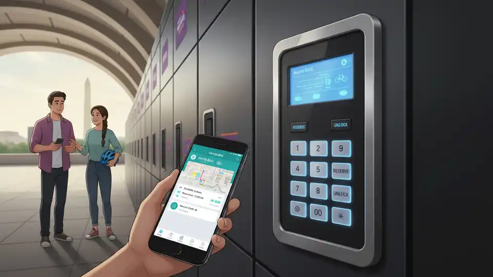 Close-up of smart bike locker keypad and mobile app interface showing reservation system at Metro station