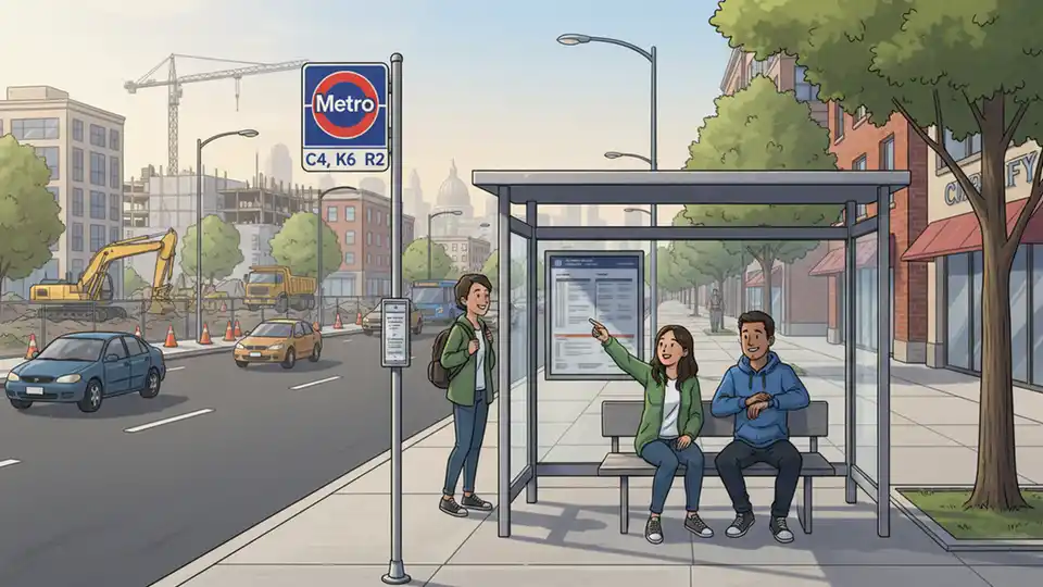Bus stop sign and shelter on New Hampshire Avenue with construction equipment visible in background