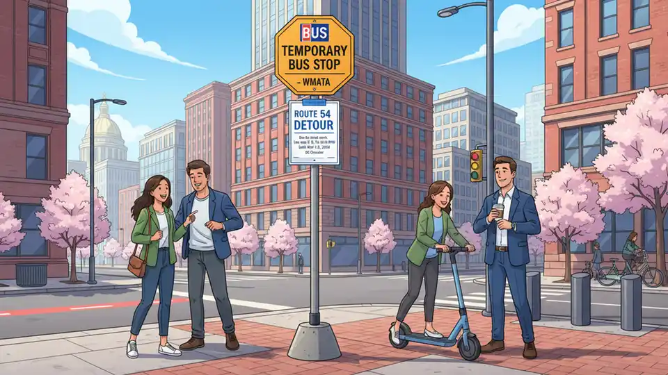 Temporary bus stop sign with detour notice posted on downtown DC street