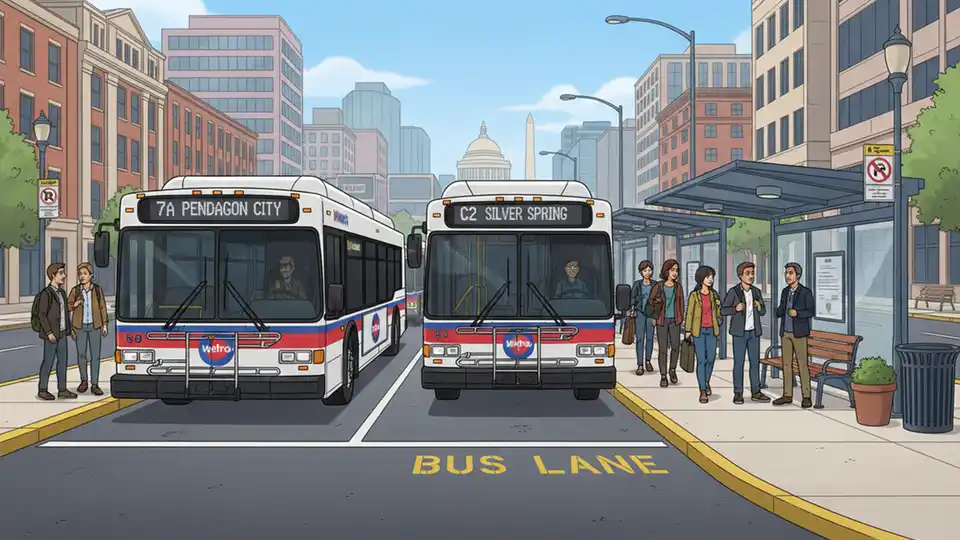 Multiple WMATA buses lined up at downtown transit station with passengers boarding