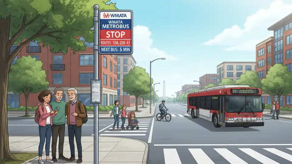 WMATA bus stop sign and pole at urban intersection with residential buildings in Arlington, Virginia