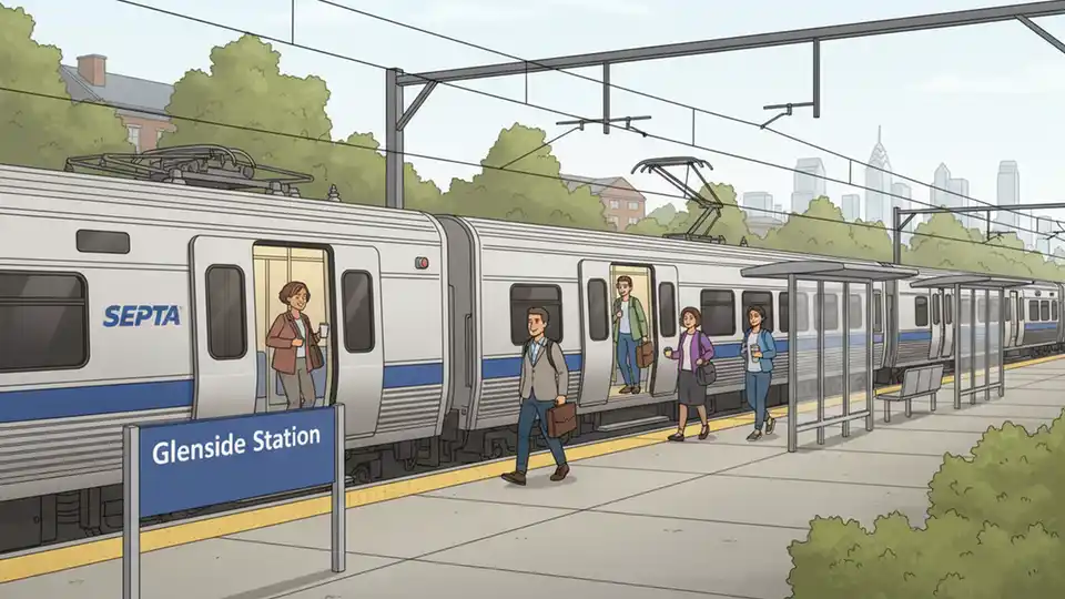 SEPTA Regional Rail train at Glenside station platform with passengers boarding