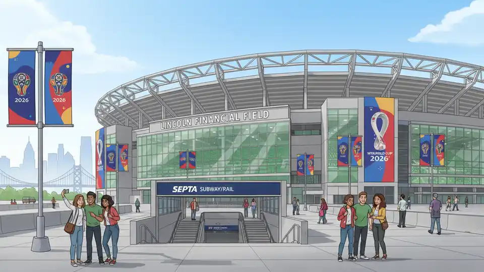 Lincoln Financial Field exterior with SEPTA station entrance and World Cup signage