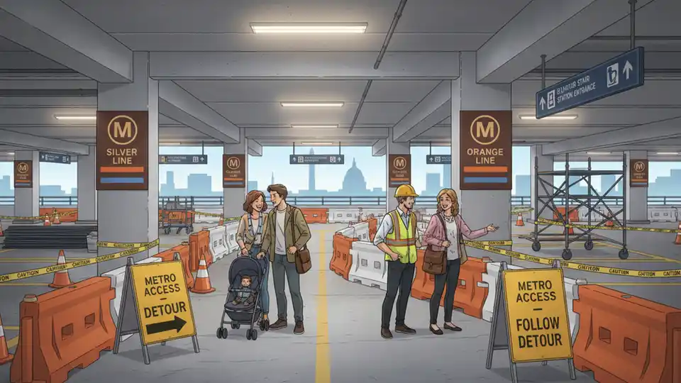 Metro station parking garage with construction barriers and detour signage directing passengers to alternate access points