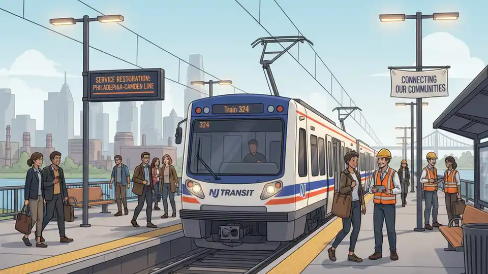 NJ Transit light rail train at station platform during service restoration