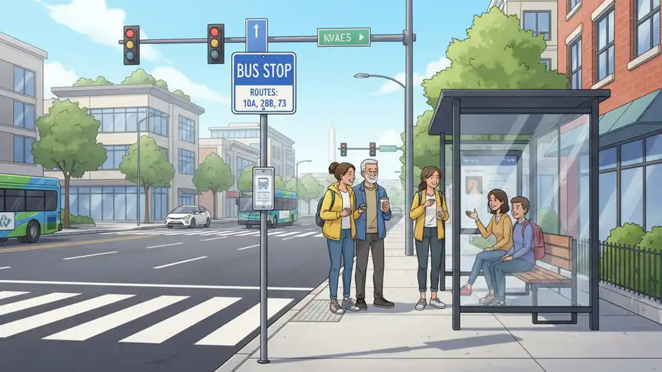 Street view of East-West Highway intersection showing bus stop sign and nearby crosswalk