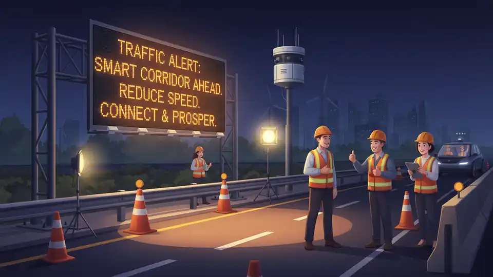 Digital road sign displaying traffic alert message on Pennsylvania Turnpike with radar detection equipment visible on roadside pole during nighttime roadwork zone
