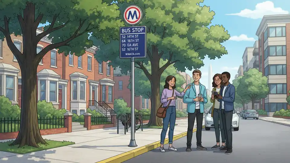 WMATA bus stop sign with route information in Northwest DC residential area