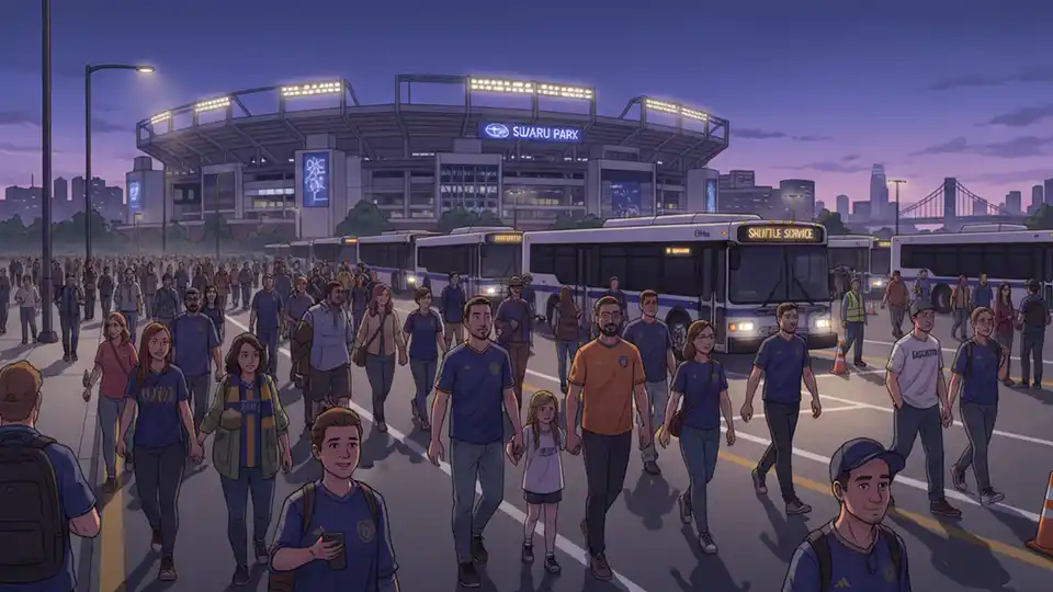 Crowd of soccer fans walking toward public transit shuttle buses after an evening match at a major stadium