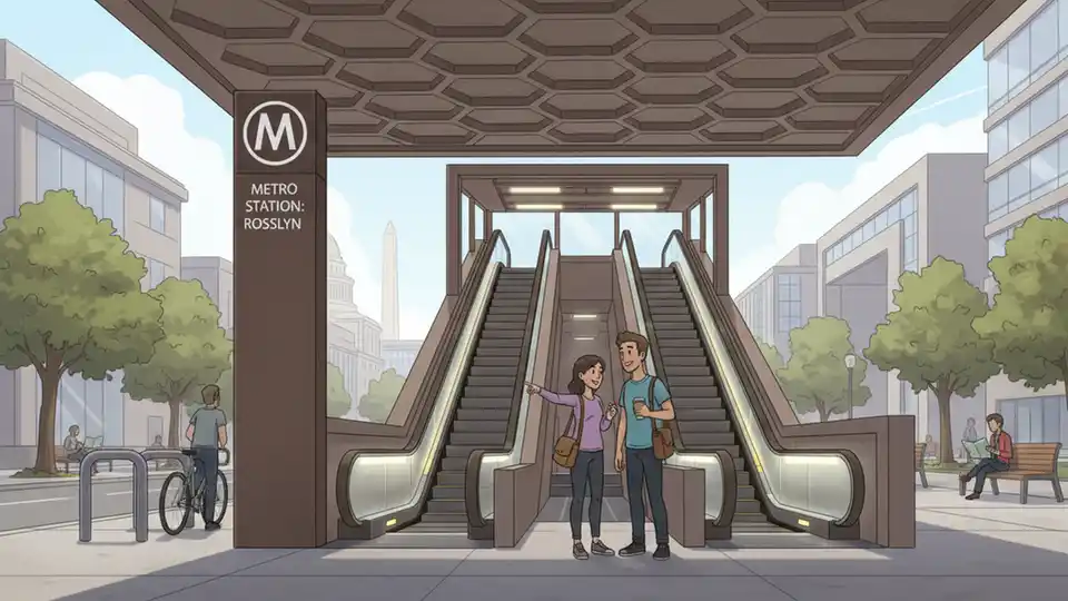 Metro station entrance with escalators leading to street level, showing canopy installation area