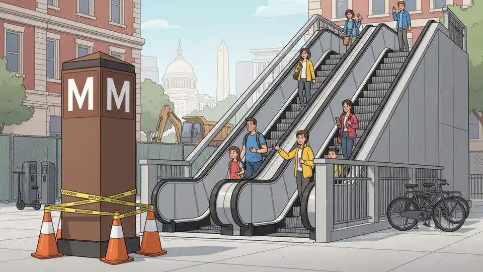 Metro escalators operating at subway station entrance with construction equipment nearby, showing active transit access during infrastructure improvements in Washington DC
