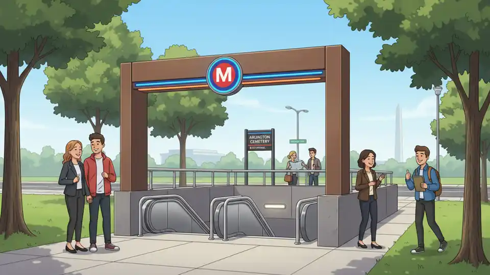 Metro station entrance with escalators leading to platform level, showing typical canopy installation location at Arlington Cemetery station on Memorial Drive