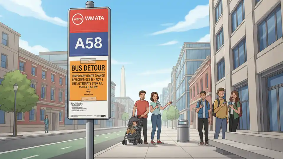WMATA bus stop sign for route A58 with detour notice posted