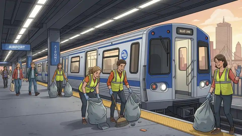 MBTA Workers Clean Blue Line for Earth Day