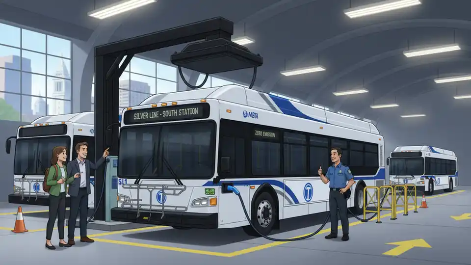 MBTA hybrid or electric bus at charging station or depot