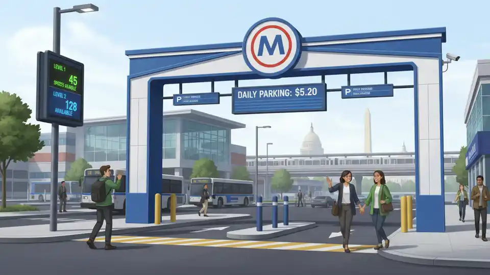 Metro Park & Ride lot entrance with rate signage and parking level indicators, showing available daily parking spaces at transit station