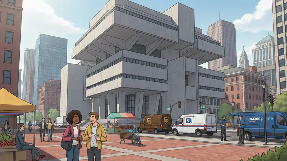 Boston city hall building with delivery vehicles parked on street