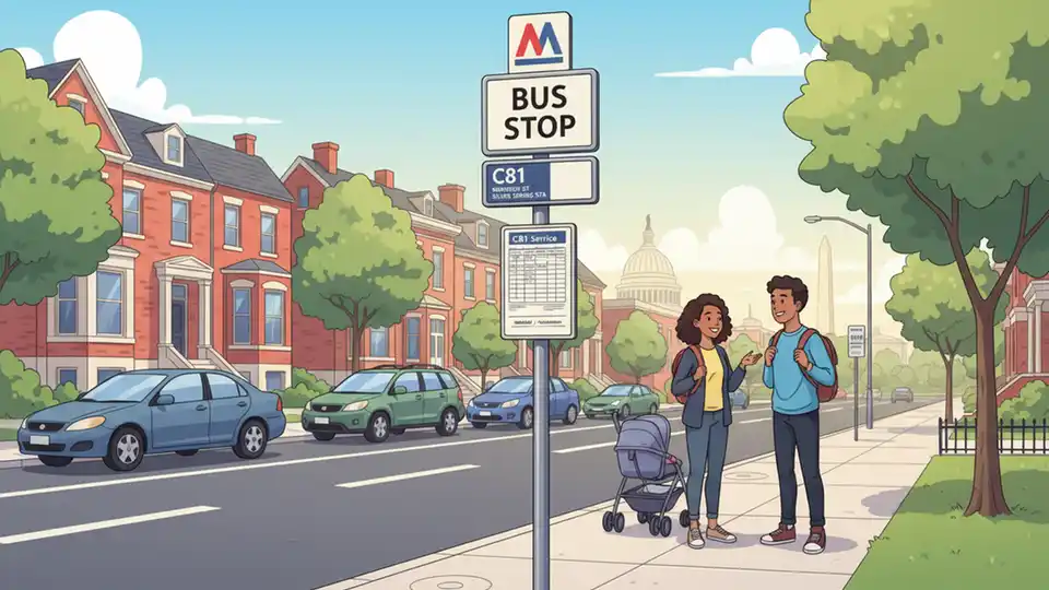 WMATA bus stop sign on Kennedy Street NW with route information and schedule posted for C81 service